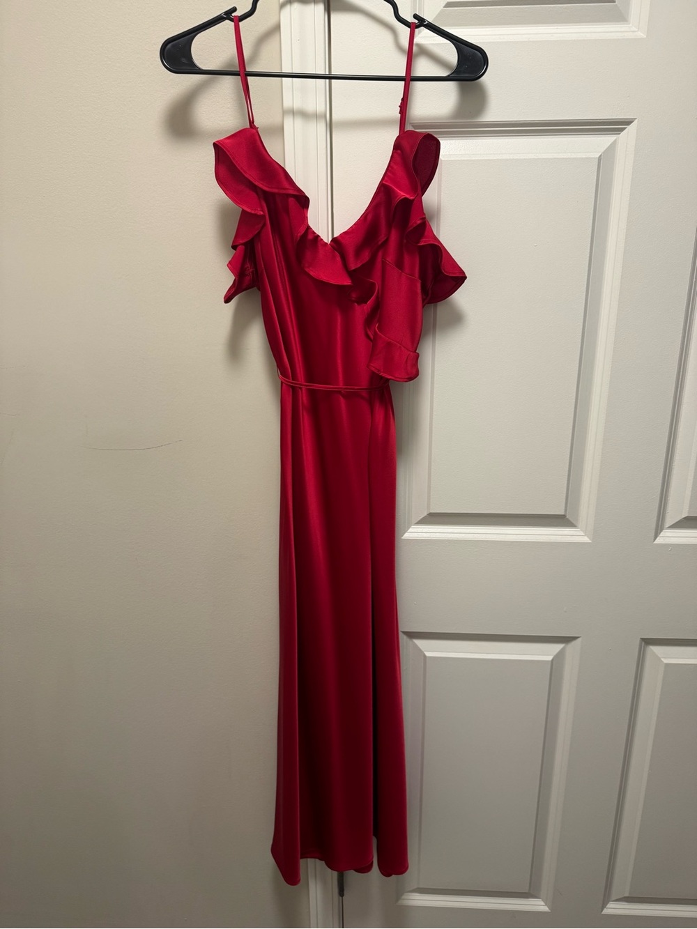 Red Ruffled Spaghetti-Strap Maxi Dress